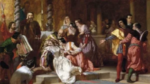 Изображение сцены в церкви в пьесе «Много шума из ничего», 1846 год, художник Альфред Элмор. Холст, масло. (Public Domain)