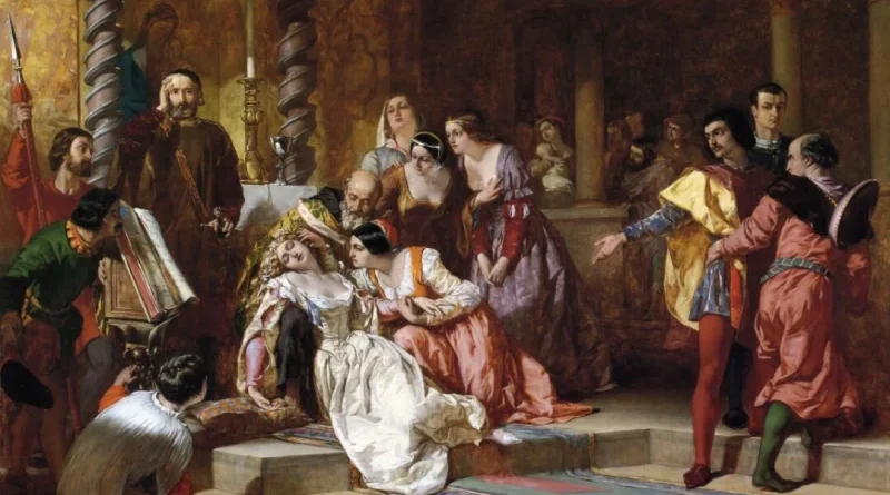 Изображение сцены в церкви в пьесе «Много шума из ничего», 1846 год, художник Альфред Элмор. Холст, масло. (Public Domain)
